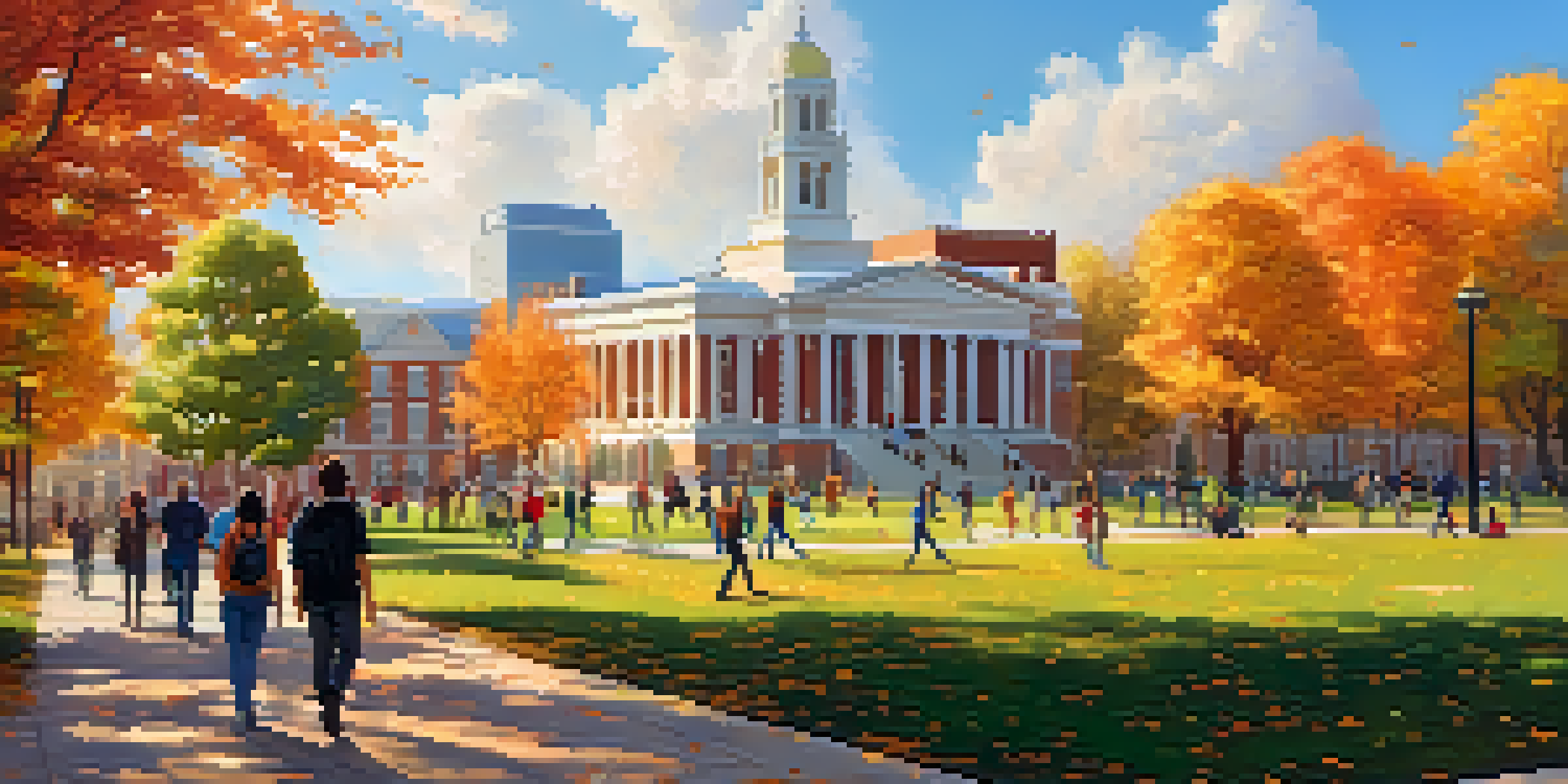 A university campus in autumn, with students of different backgrounds engaged in activities amidst colorful trees and historic buildings.