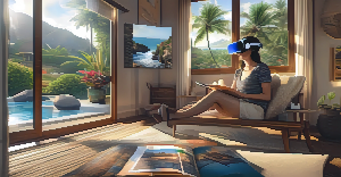 A person wearing a VR headset in a comfortable living room, exploring a virtual beach while sitting next to a globe and travel brochures.