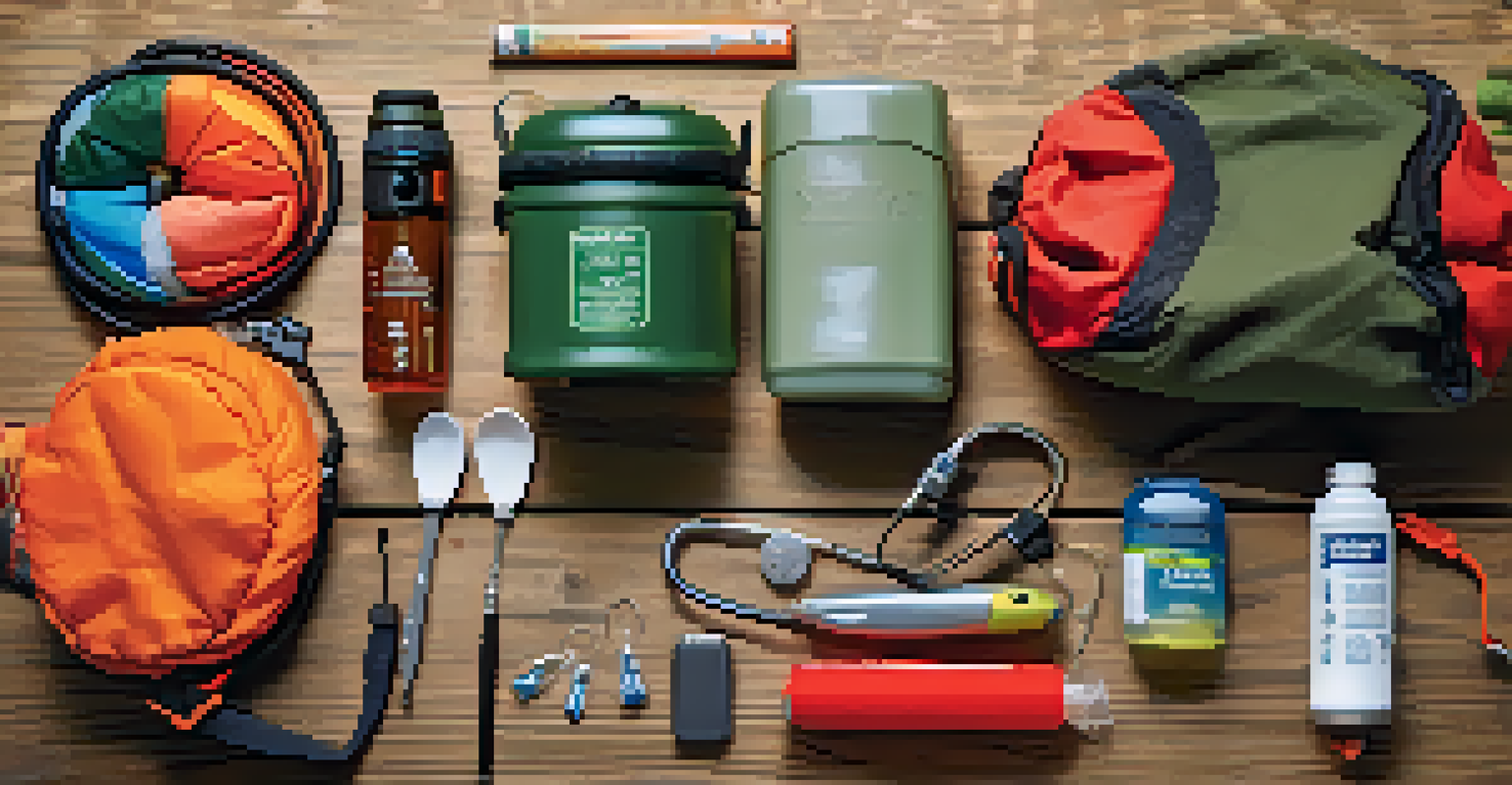 Essential camping gear displayed on a wooden table, including a sleeping bag and multi-tool.