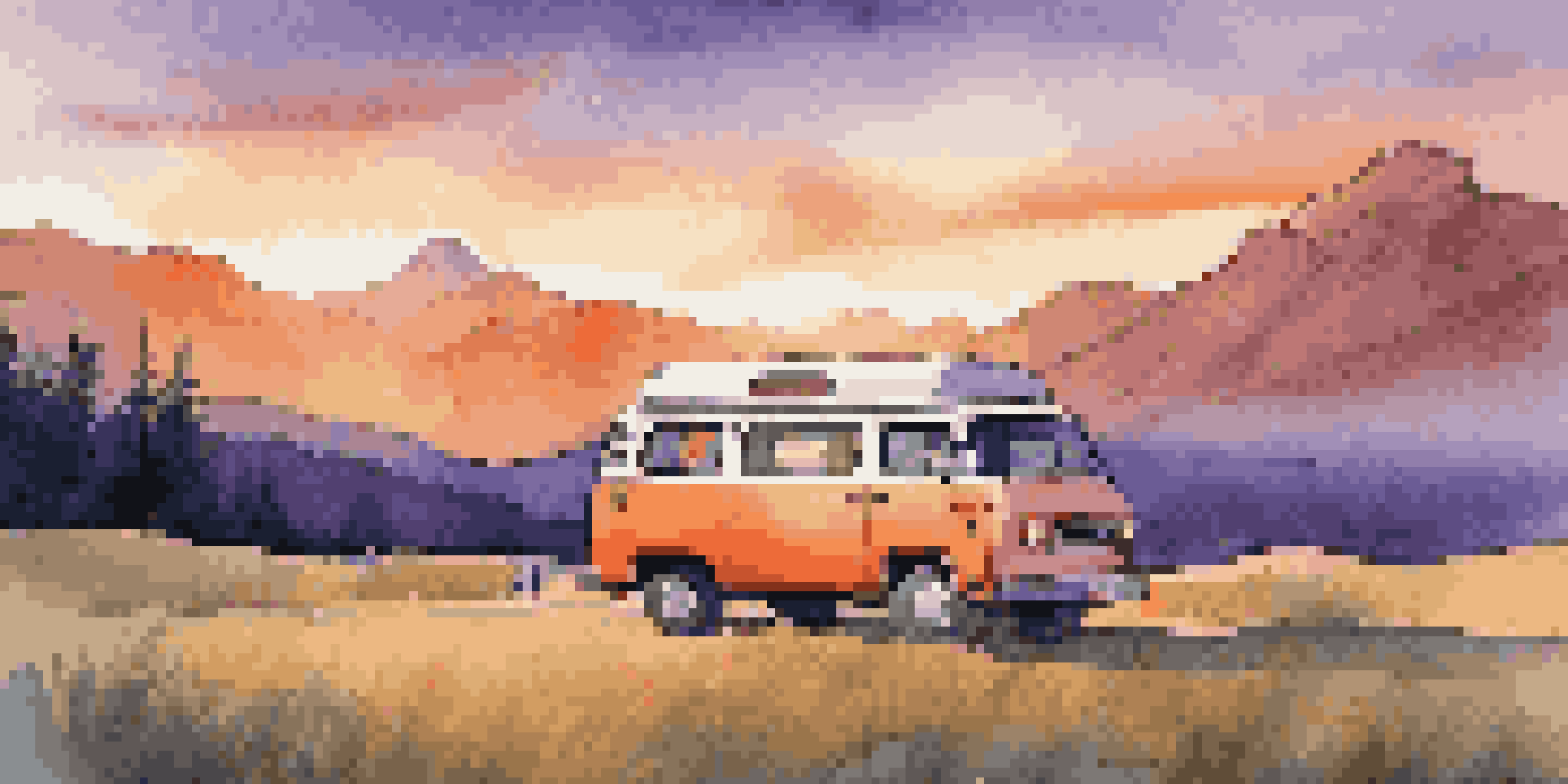 A family van parked at sunset with mountains behind, featuring a pop-top and kids playing nearby.