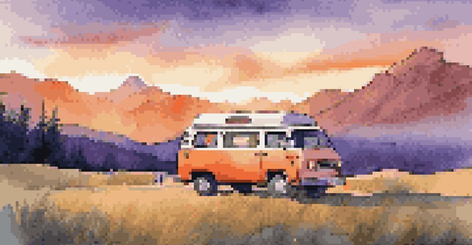 A family van parked at sunset with mountains behind, featuring a pop-top and kids playing nearby.