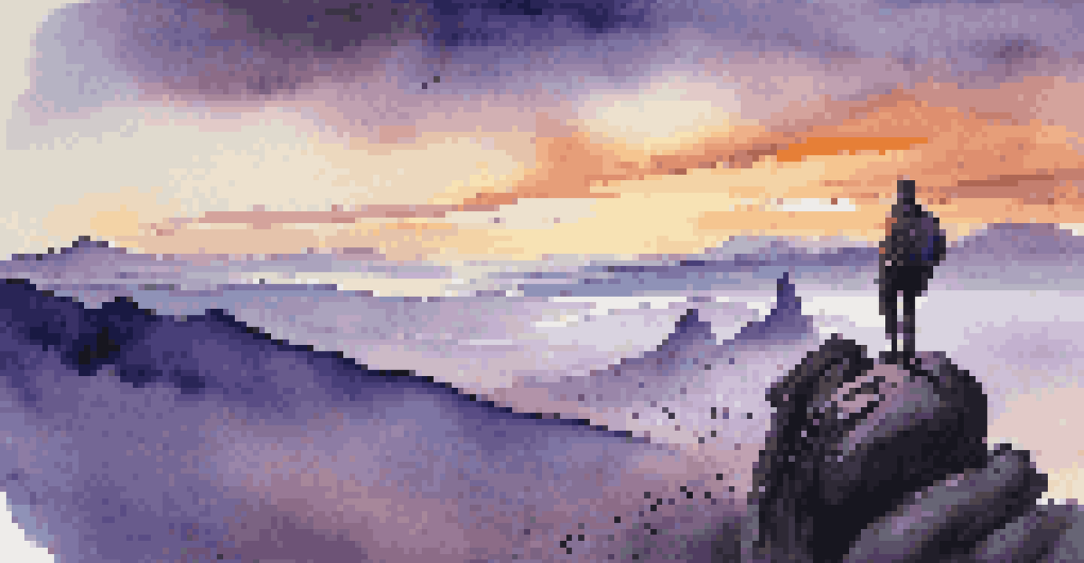 A hiker standing on a cliff at dusk, overlooking a vast mountain valley with a colorful sky.