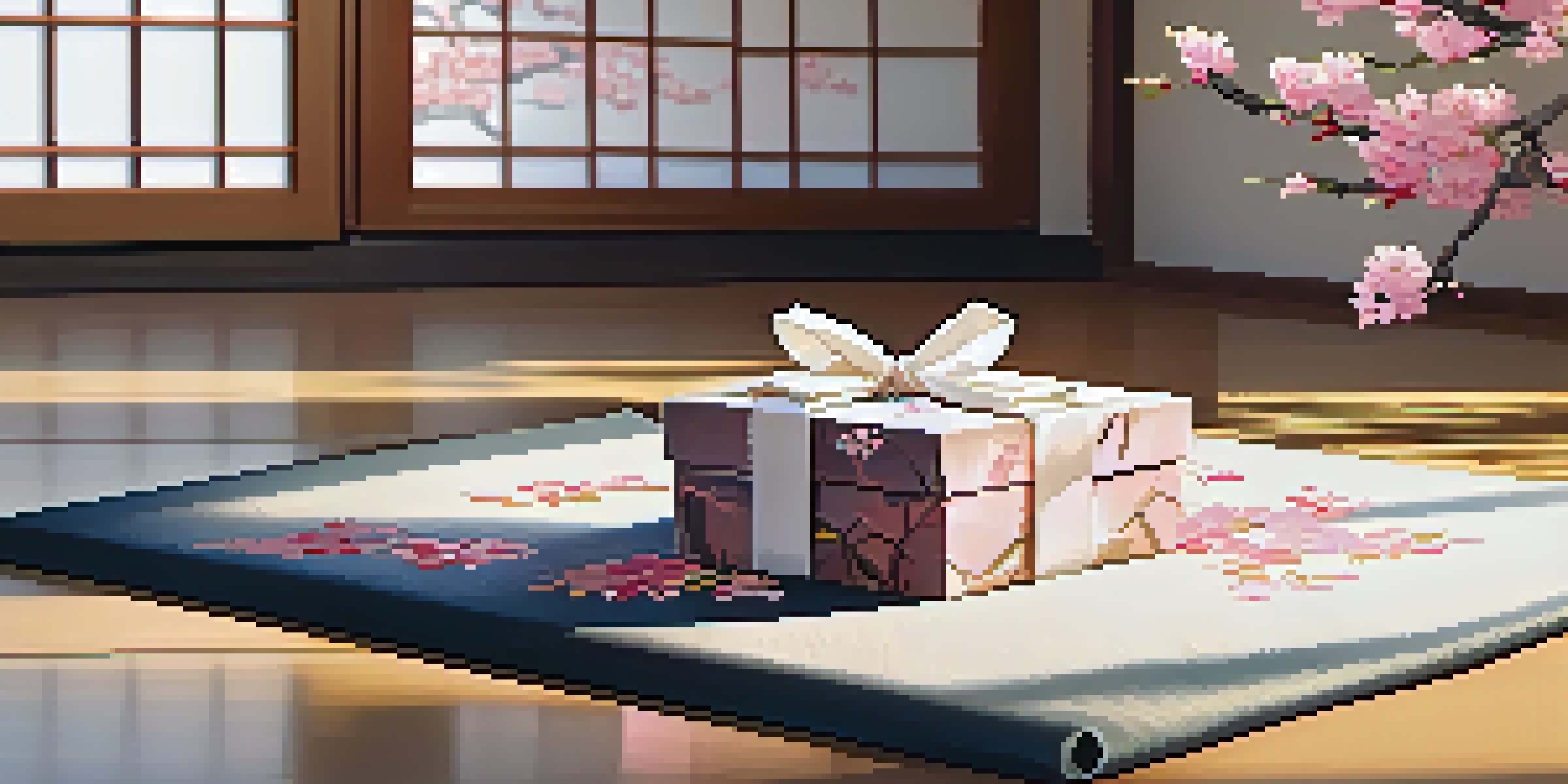 A wrapped gift on a tatami mat with cherry blossom petals, showcasing Japanese gift wrapping culture.