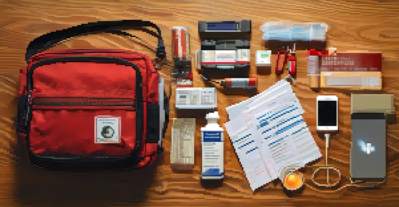 An emergency travel kit with first-aid supplies and documents on a table.