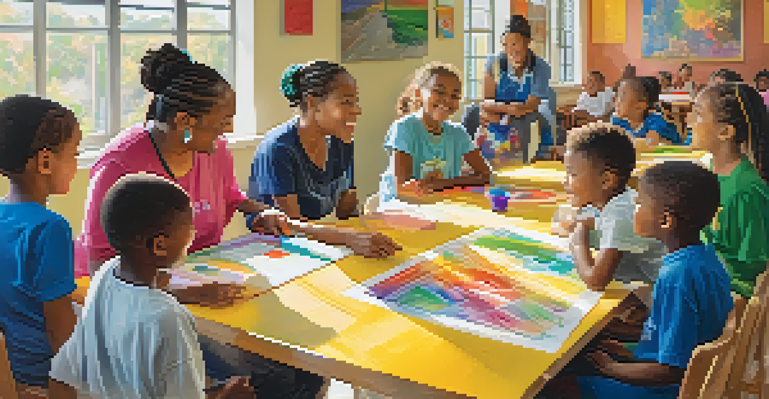 Volunteers engaging with children at a community center, teaching them art with colorful paintings and bright natural light.