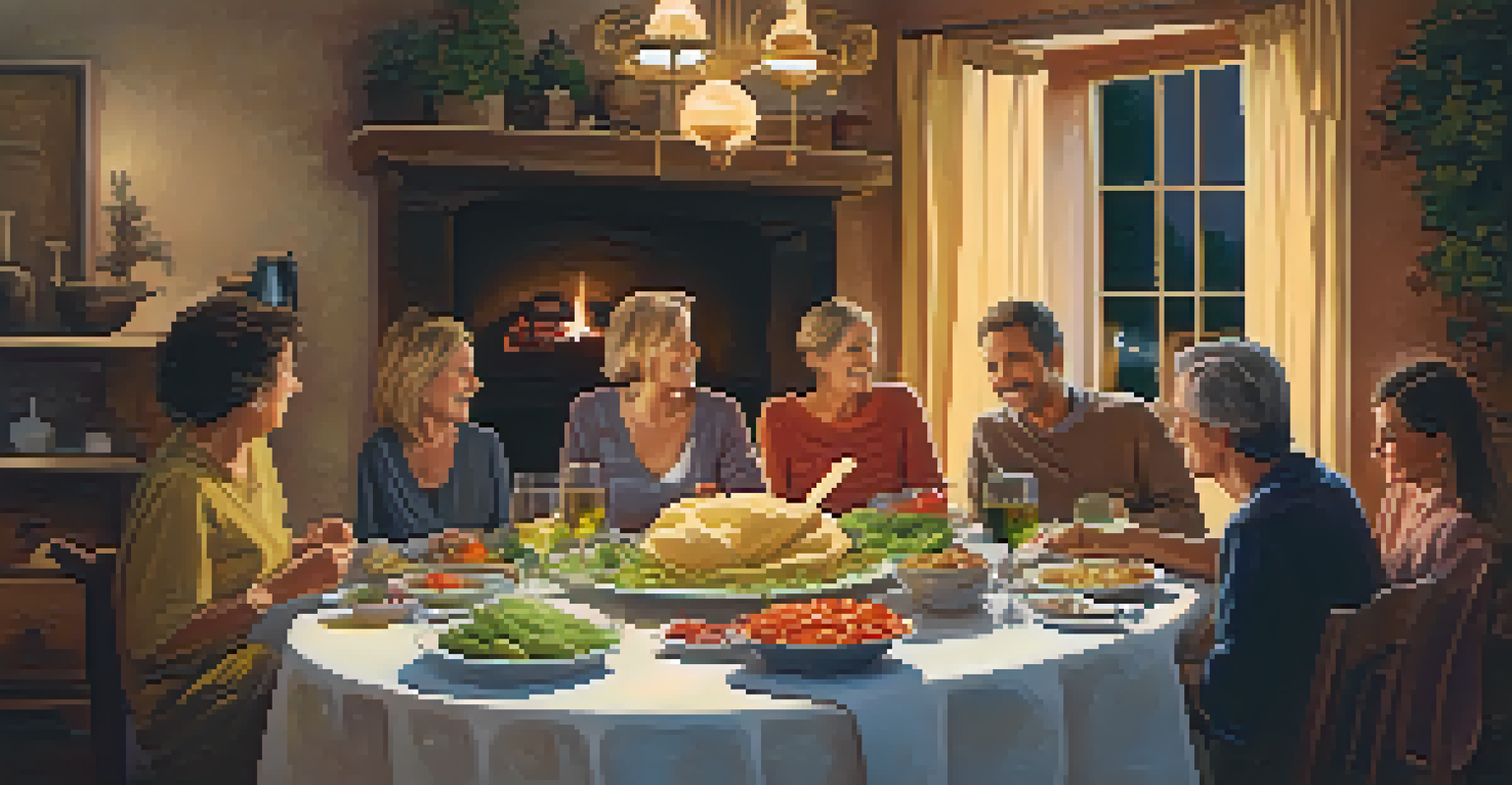 A cozy Italian family dinner with a table full of homemade food and family members conversing warmly by candlelight.