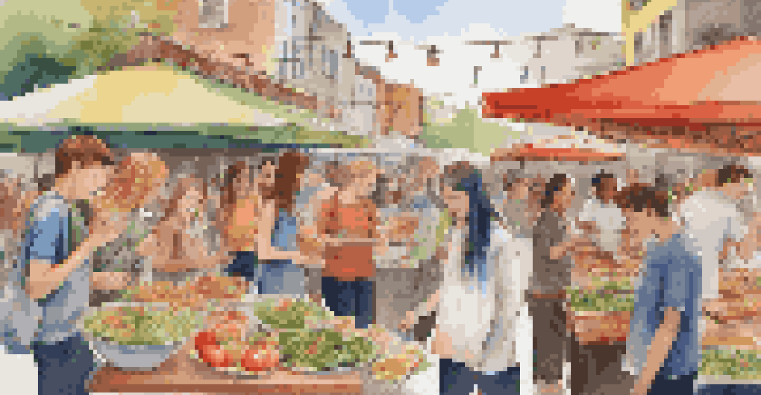A lively market scene with teens excitedly tasting local dishes, surrounded by colorful stalls brimming with fresh produce and unique foods.
