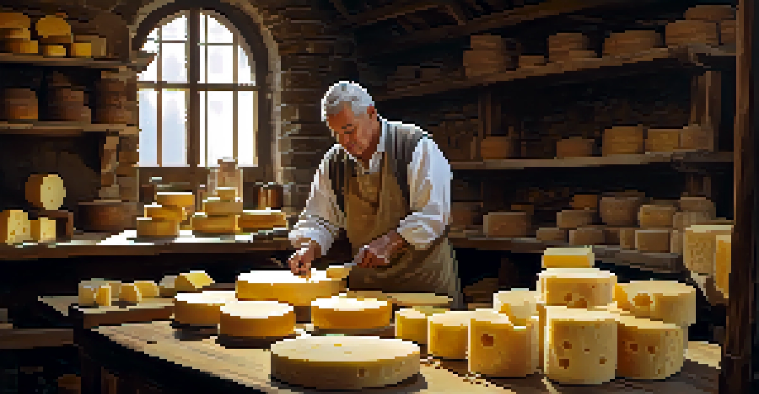 An artisan cheesemaker in a workshop, handcrafting cheese with shelves of aging cheese around them, illuminated by natural light.