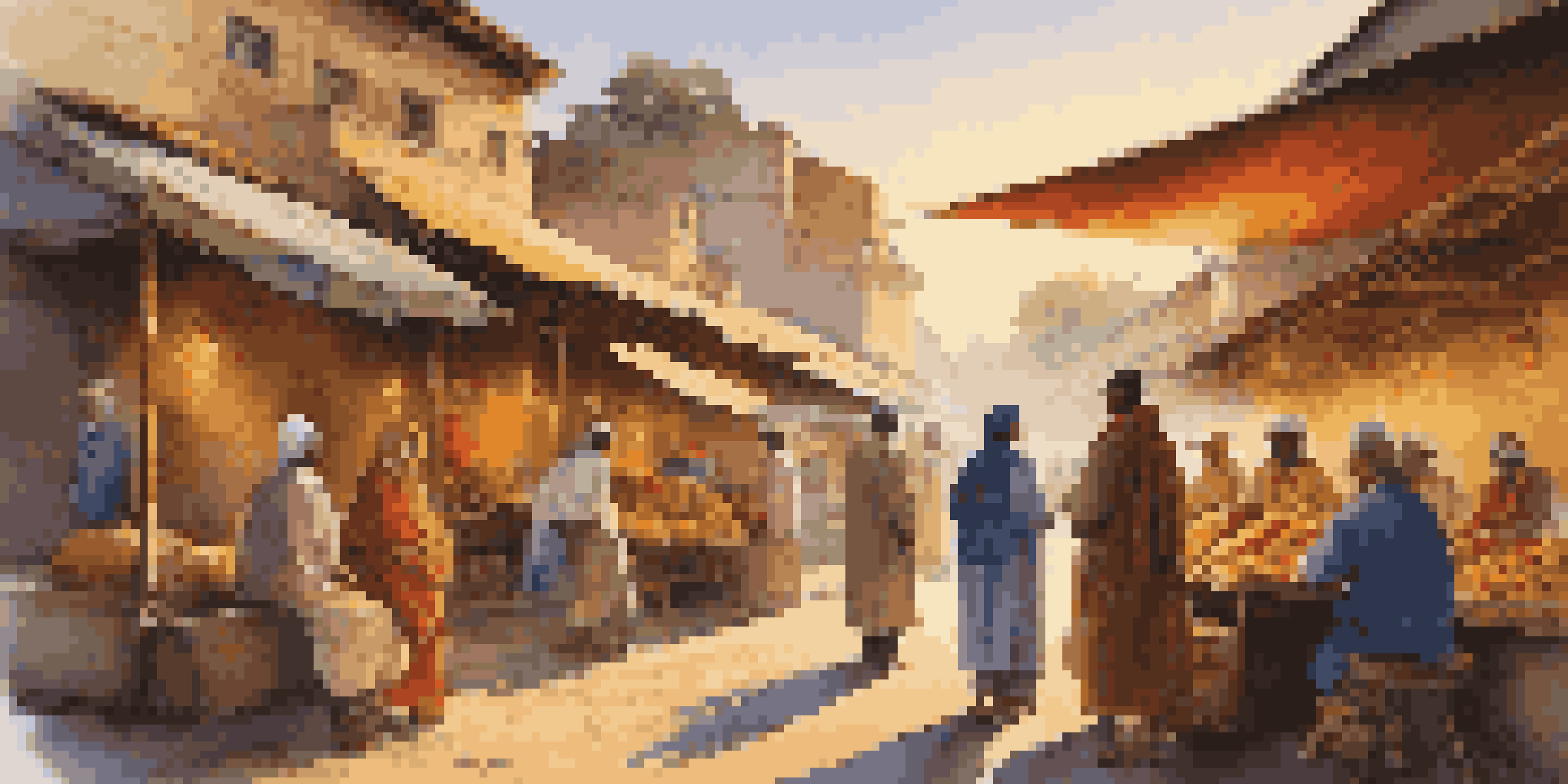 A diverse group of travelers engaged in a respectful conversation with a local guide in a colorful market during sunset.