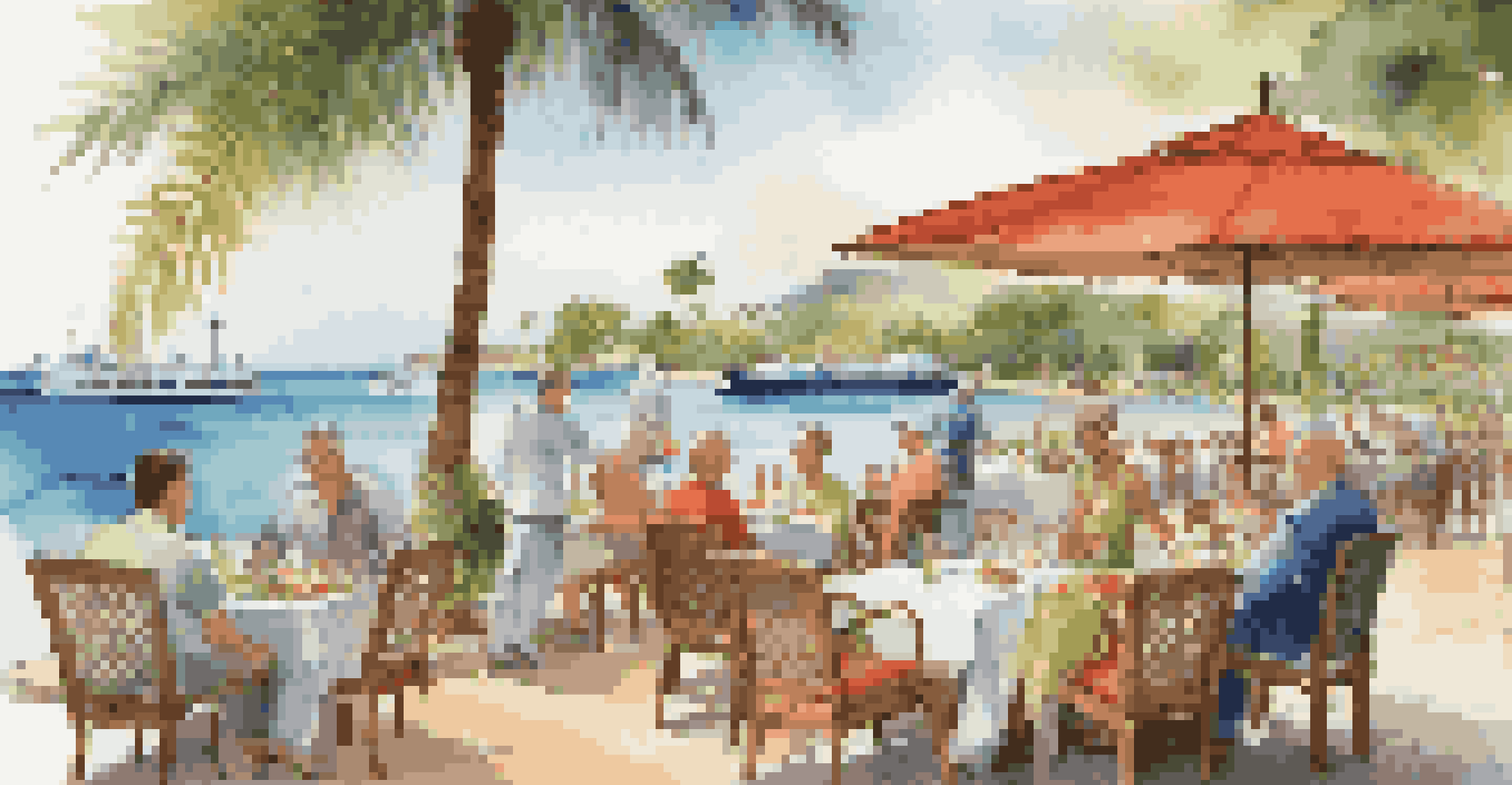 Travelers enjoying local cuisine at an outdoor restaurant in a tropical port, discussing dietary preferences with staff.