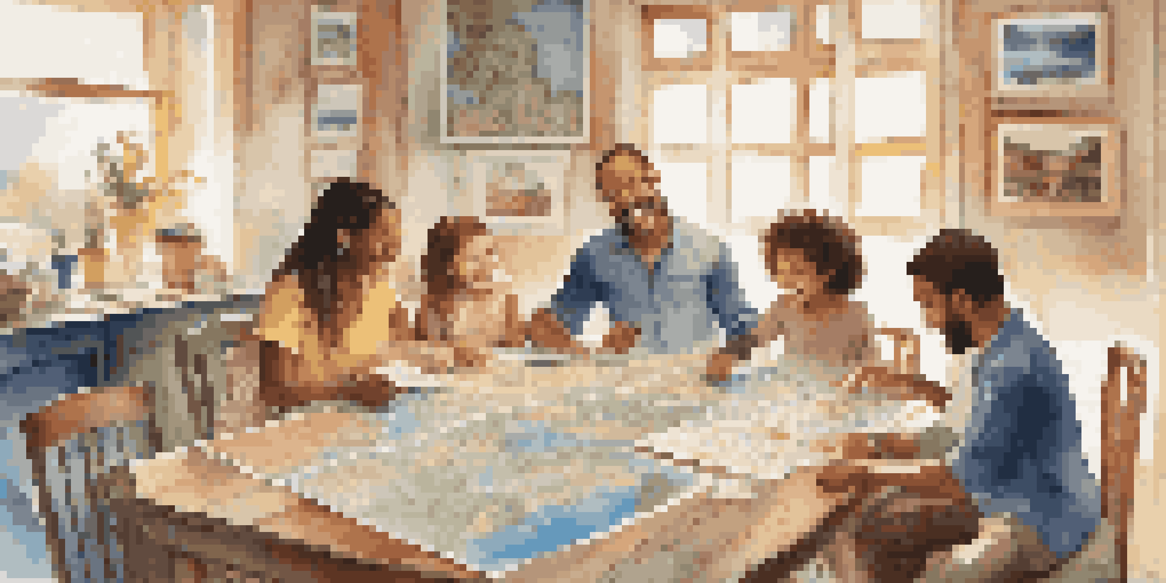 A family planning their travel itinerary with maps and brochures on a table, kids showing excitement and curiosity.