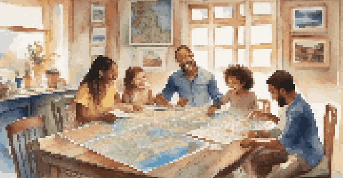 A family planning their travel itinerary with maps and brochures on a table, kids showing excitement and curiosity.