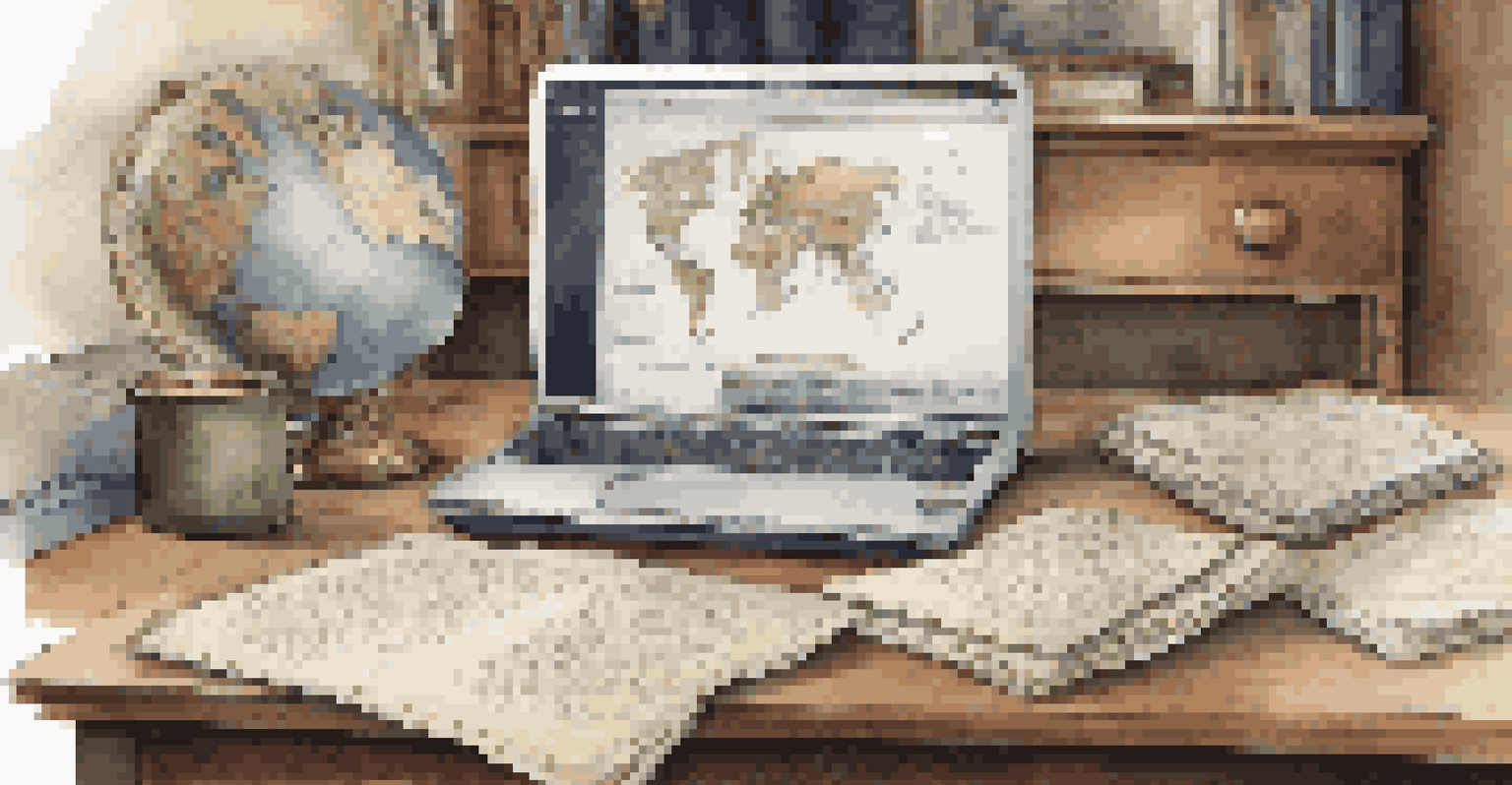 A cozy genealogist's workspace with a laptop, notes, and a globe, illuminated by natural light.