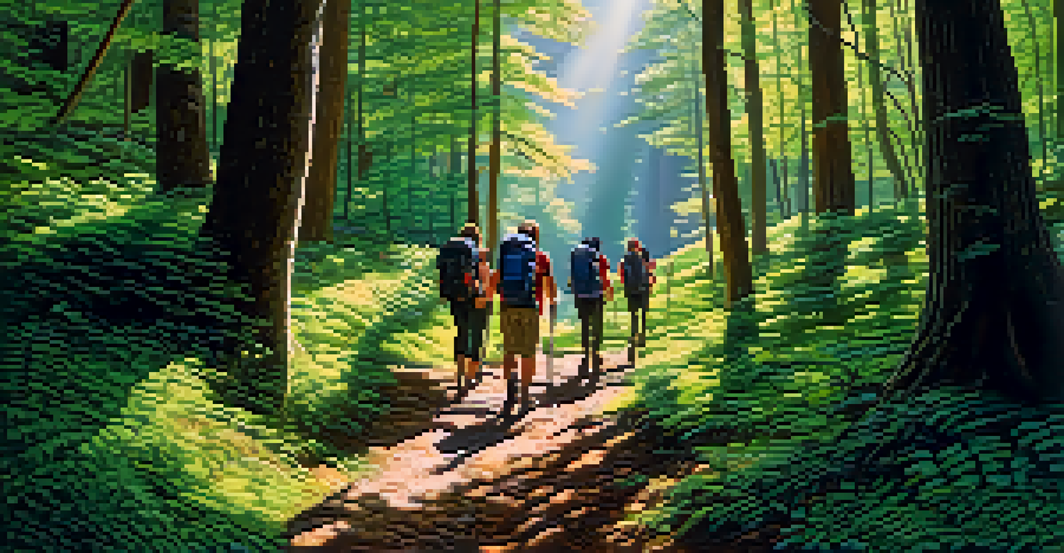 Travelers hiking in a green forest, enjoying the sunlight filtering through the trees.