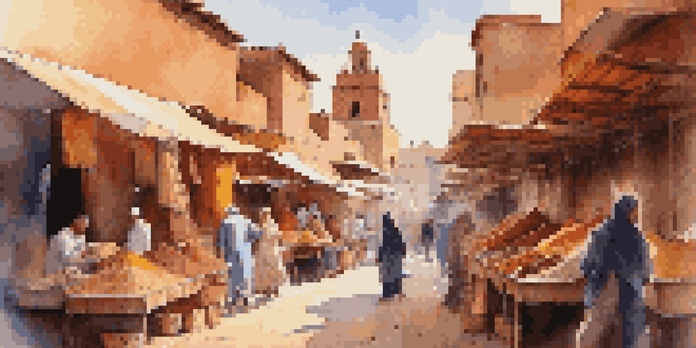 A lively market scene in Marrakech with colorful stalls, locals, and traditional buildings under warm sunlight.