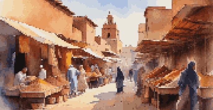 A lively market scene in Marrakech with colorful stalls, locals, and traditional buildings under warm sunlight.