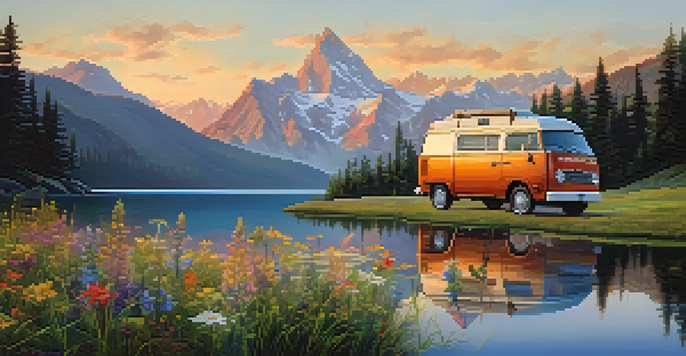 A camper van parked by a lake in the mountains at sunrise, with golden light reflecting off the water.