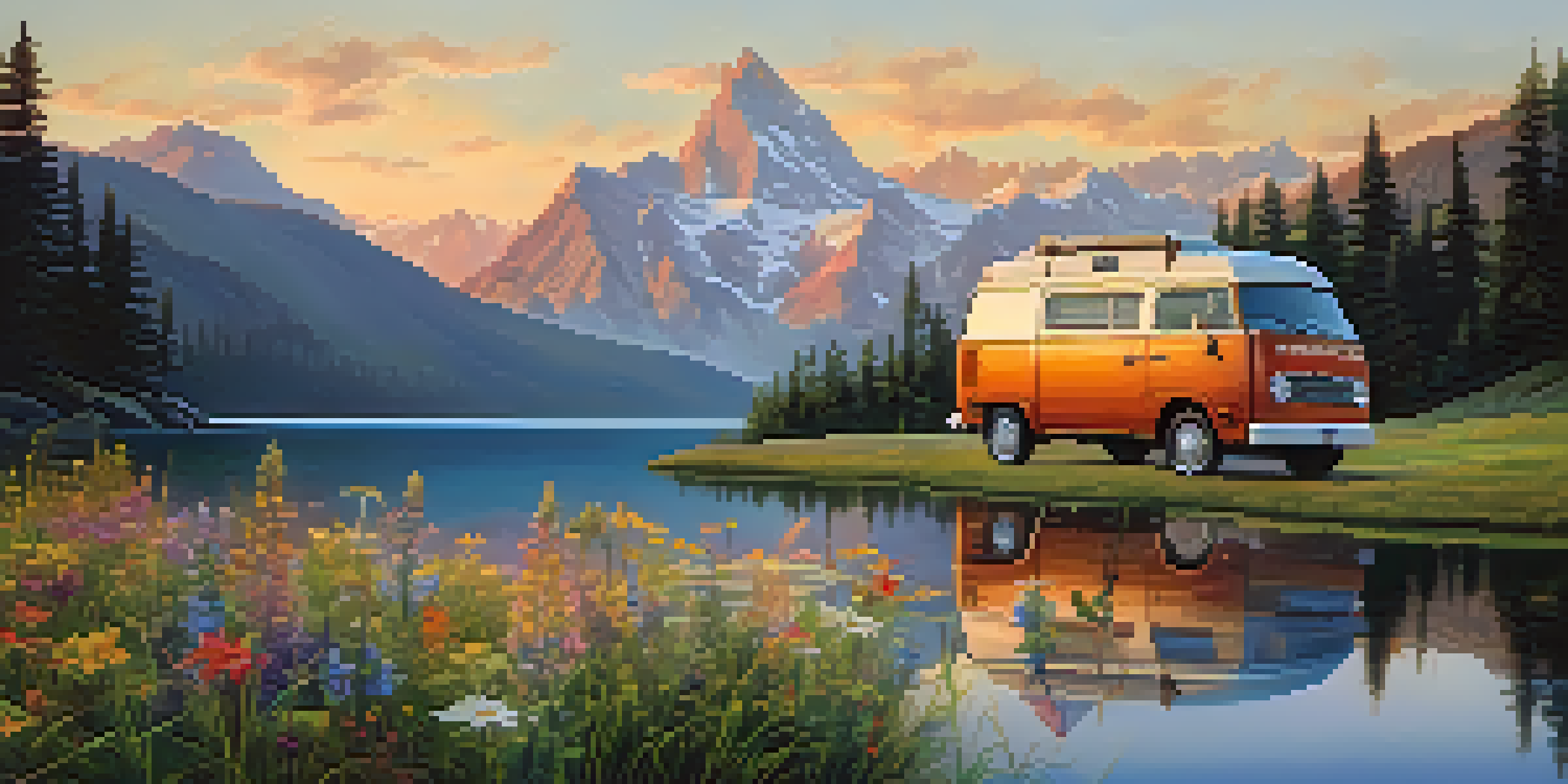 A camper van parked by a lake in the mountains at sunrise, with golden light reflecting off the water.