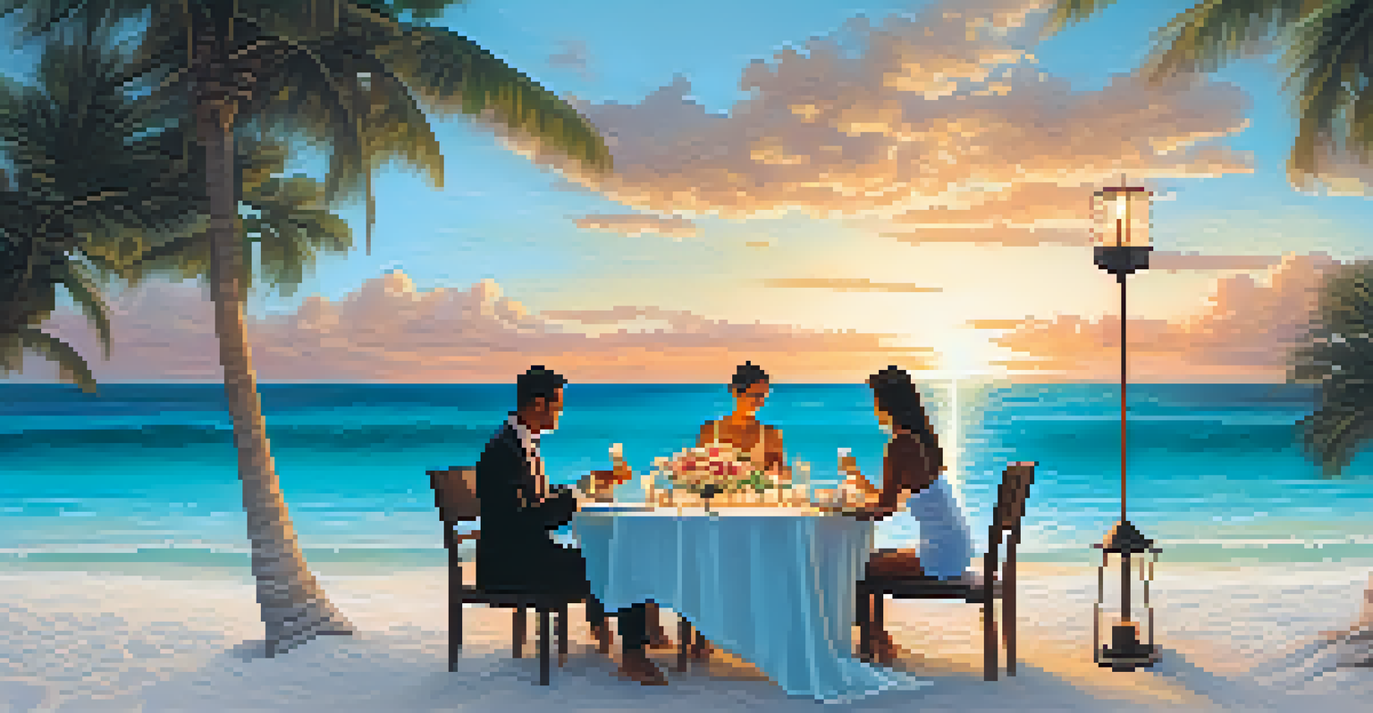 A romantic beach dinner setup in the Maldives with a couple dining as the sun sets over the ocean.