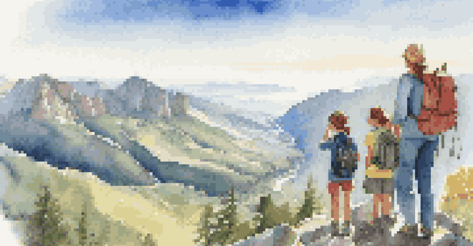A family enjoying a stunning mountain view from a hiking trail, with smiles and a camera in hand.