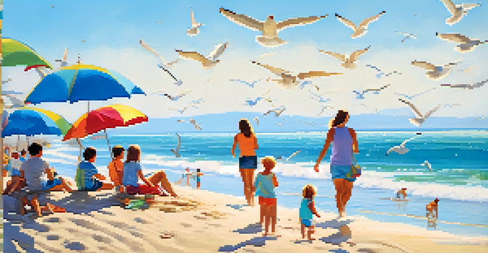 A family at the beach with children building sandcastles and parents relaxing under umbrellas, with waves in the background.