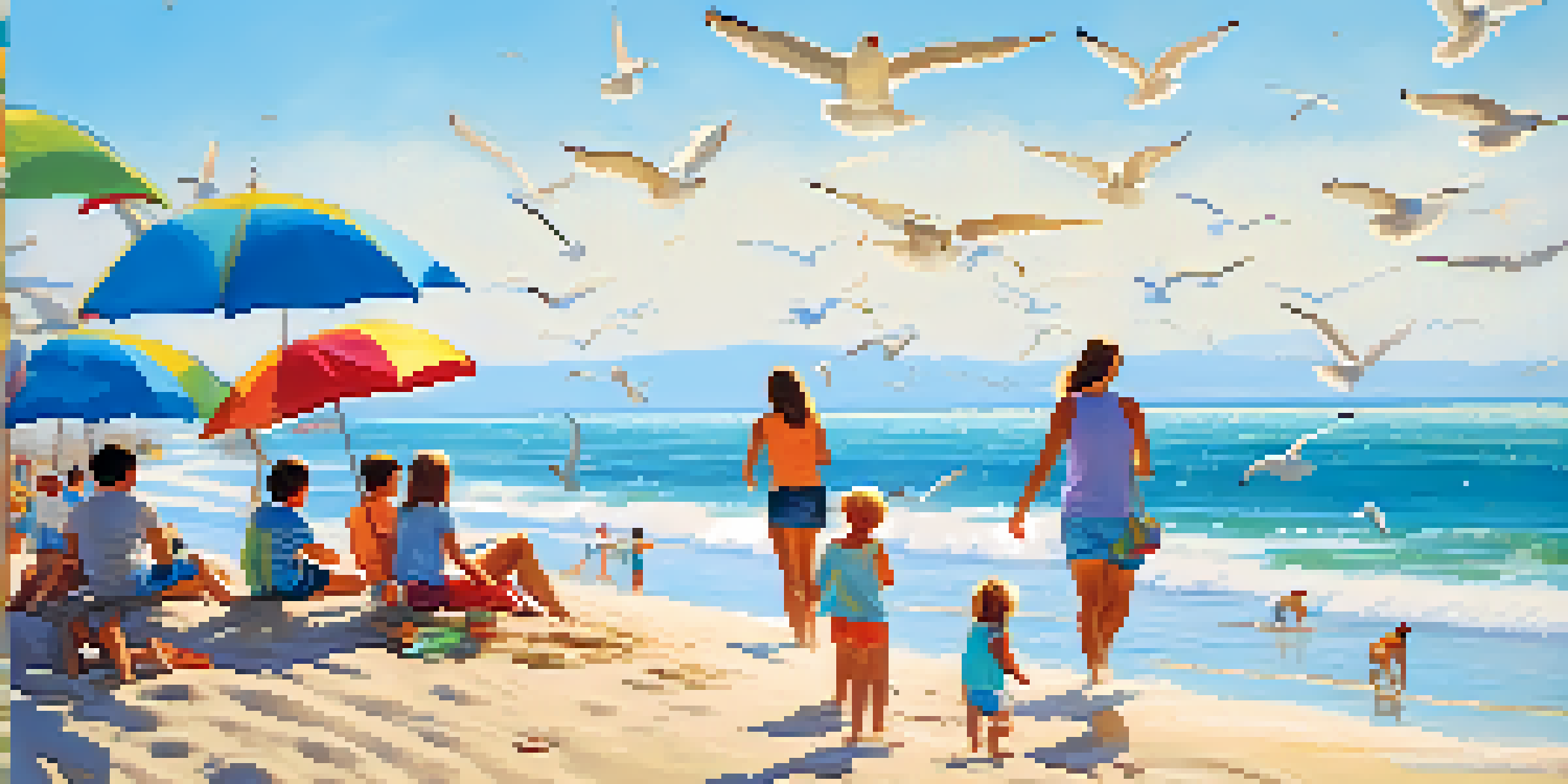 A family at the beach with children building sandcastles and parents relaxing under umbrellas, with waves in the background.