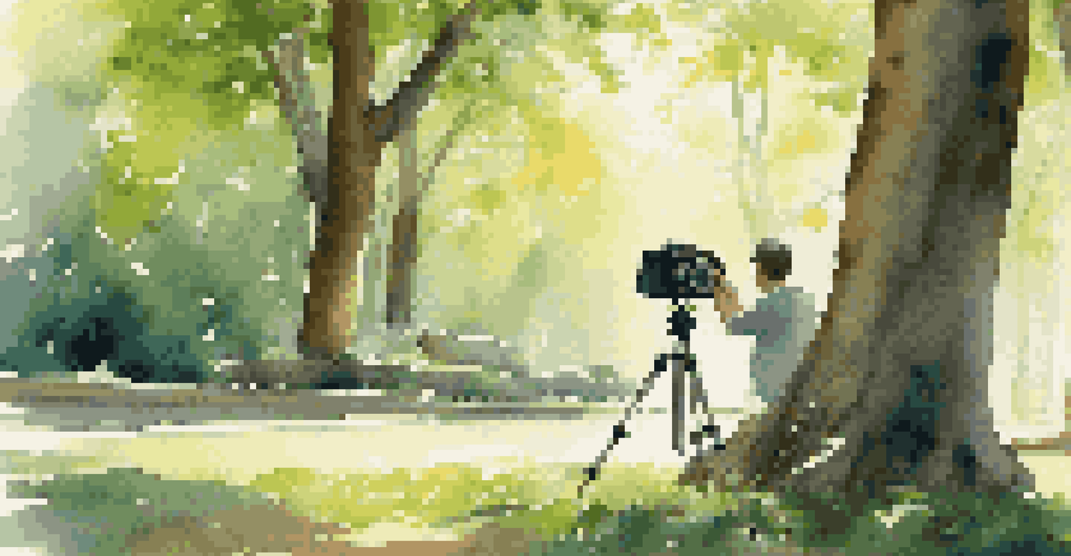 A travel tripod with flexible legs wrapped around a tree trunk, with sunlight filtering through leaves in a lush park.