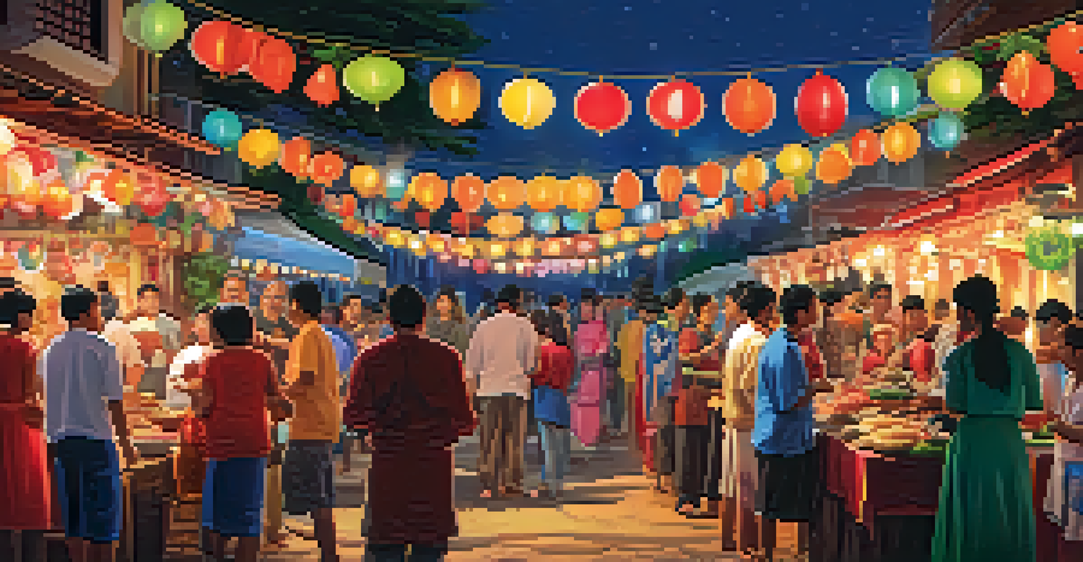 A lively street scene during a local festival with colorful decorations and people celebrating together.