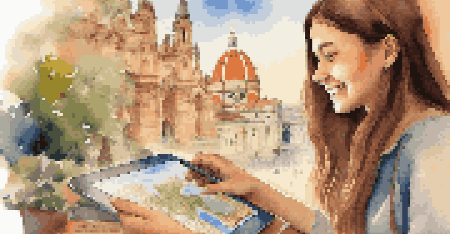 A teenage girl using a tablet to look at travel destinations with brochures around her.