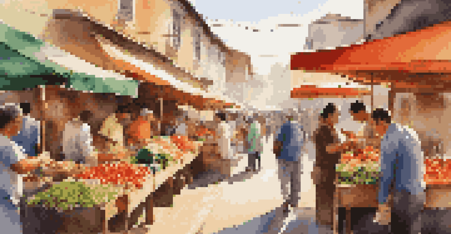 A photographer using a smartphone to capture food in a vibrant market.
