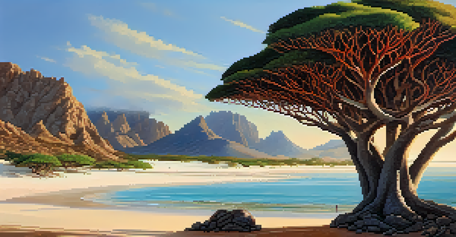 The unique landscape of Socotra Island with Dragon's Blood Trees and sandy beaches at sunset.