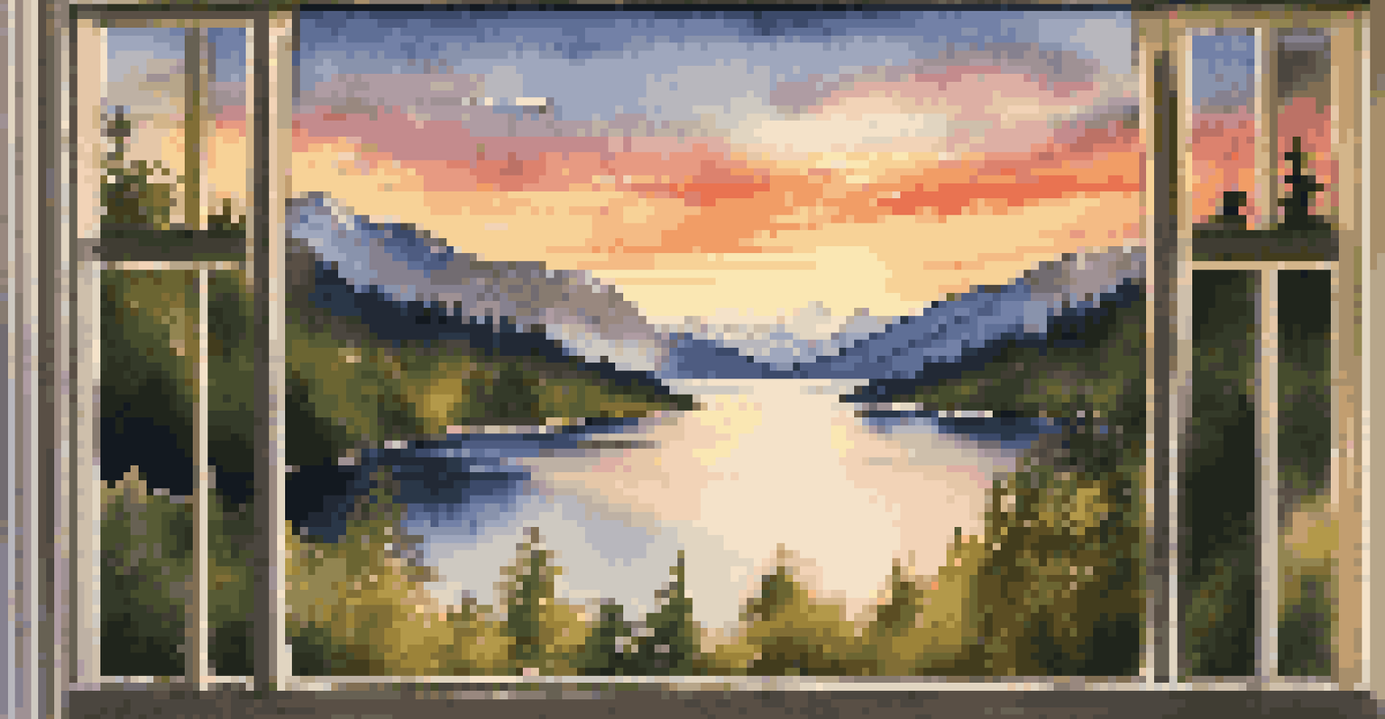 A stunning sunset view from a train window, featuring a lake, mountains, and forests bathed in golden light.