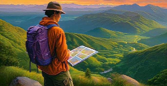 A traveler at a viewpoint overlooking a valley during sunset, holding a map and dressed in hiking gear.
