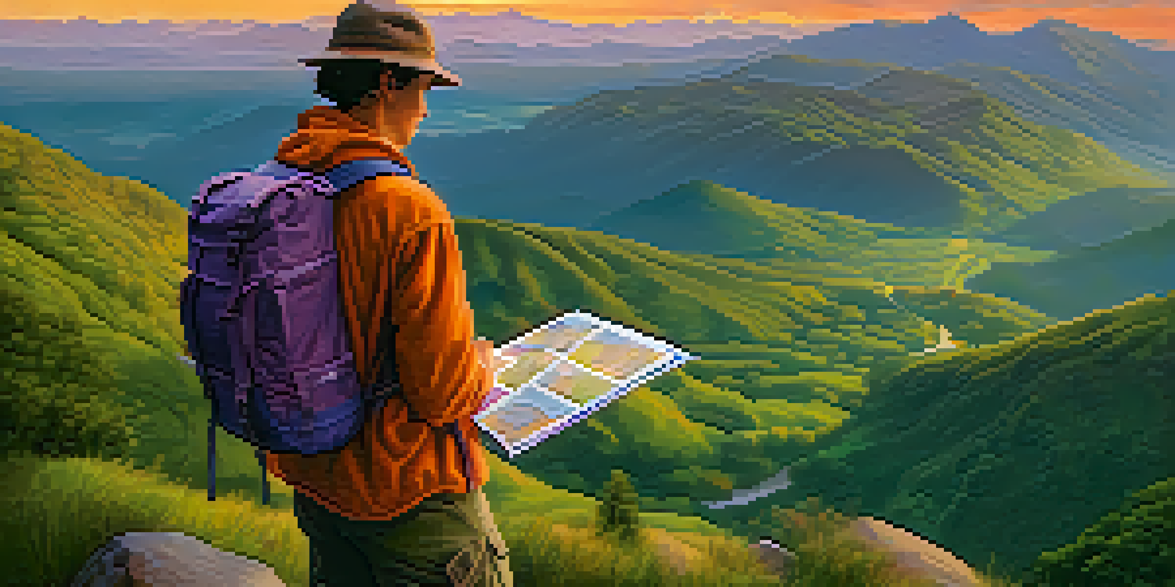A traveler at a viewpoint overlooking a valley during sunset, holding a map and dressed in hiking gear.