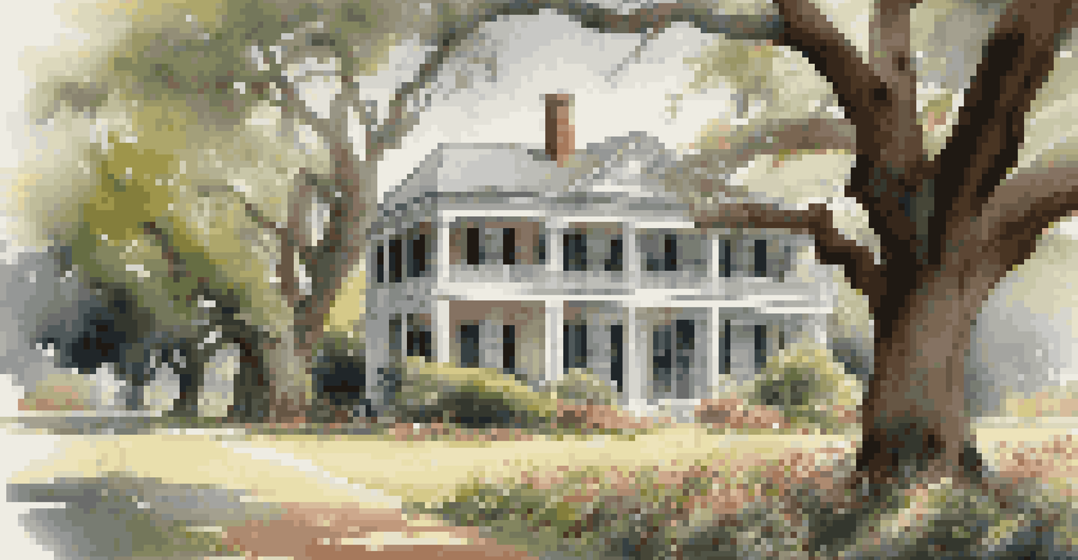 An old plantation house surrounded by flowers and oak trees, with a guided tour taking place, under sunlight filtering through the leaves.