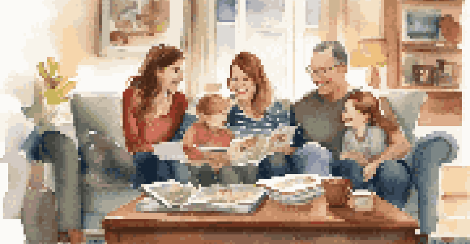 A family reflecting on their travel experiences together with a scrapbook and photos.