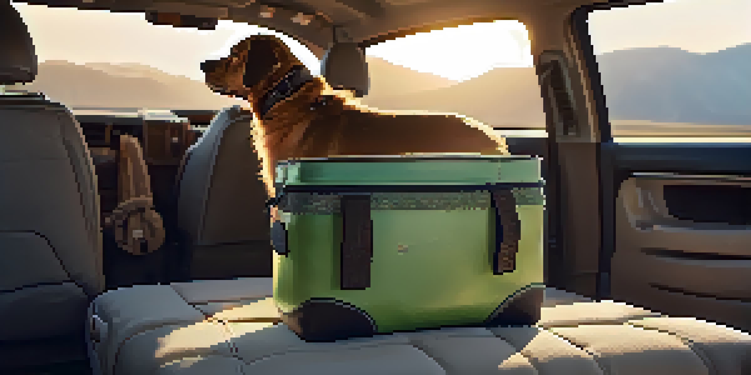 A happy dog peeking out of a pet carrier in a car with sunlight streaming in and travel essentials beside it.