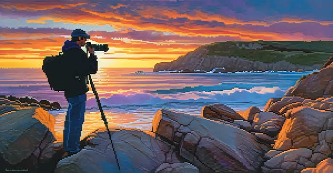 A silhouette of a photographer on a cliff at sunset, capturing the vibrant sky and ocean below.