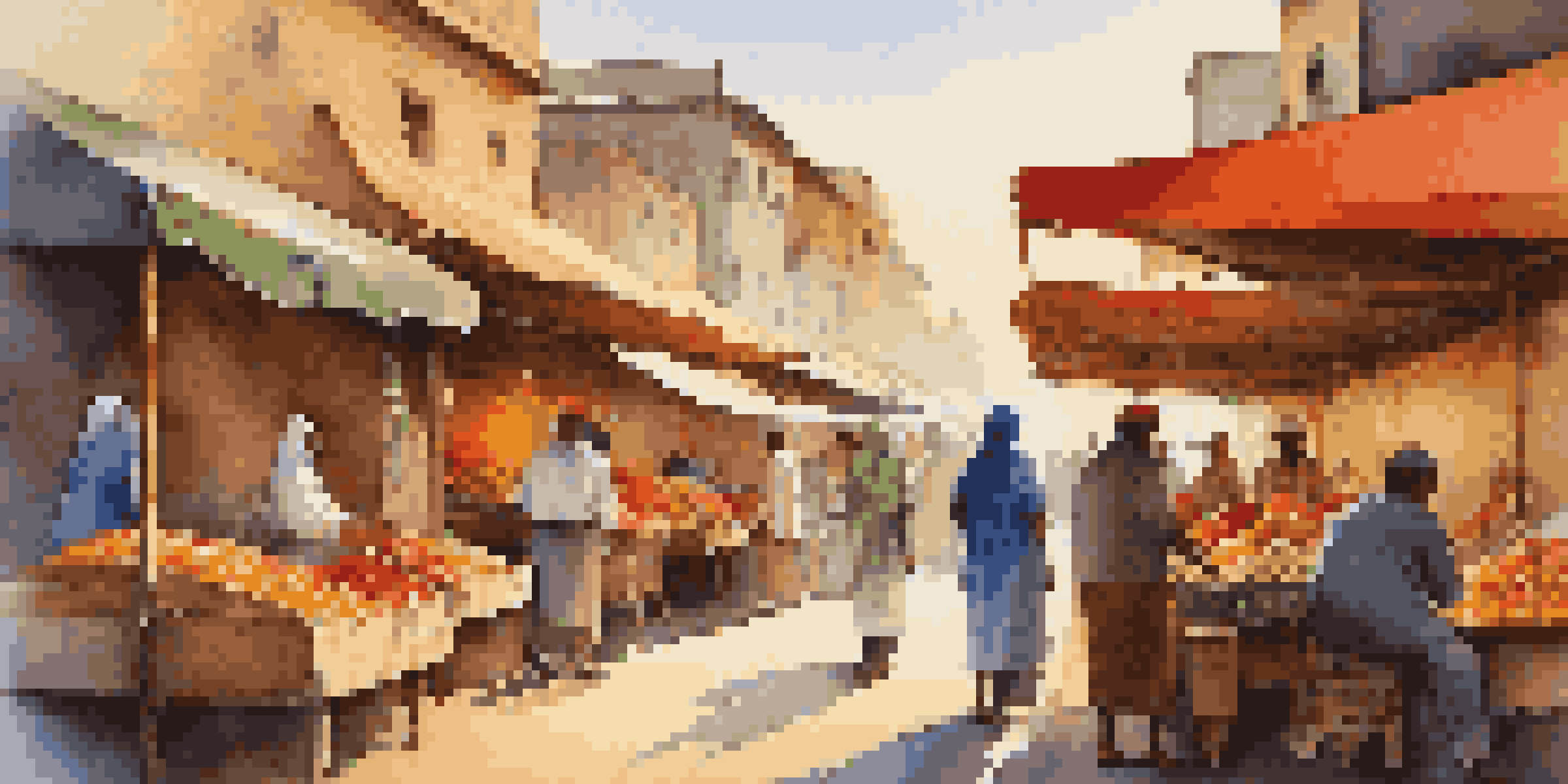 A lively street market at sunrise with colorful stalls and locals chatting.