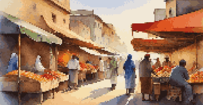 A lively street market at sunrise with colorful stalls and locals chatting.