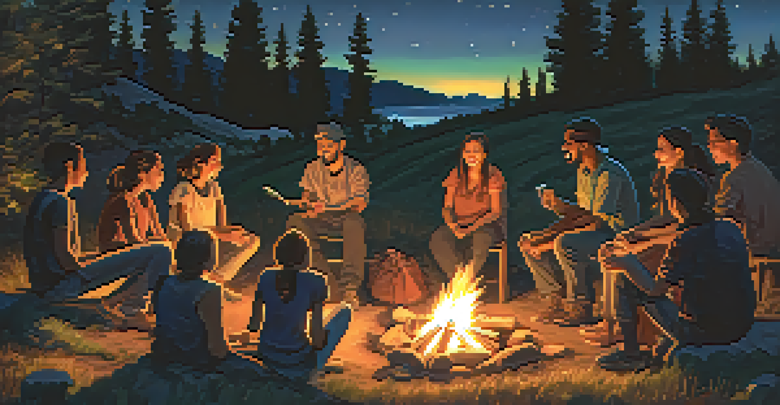 Volunteers from different countries gathered around a campfire at dusk, sharing stories and enjoying each other's company under a starry sky.