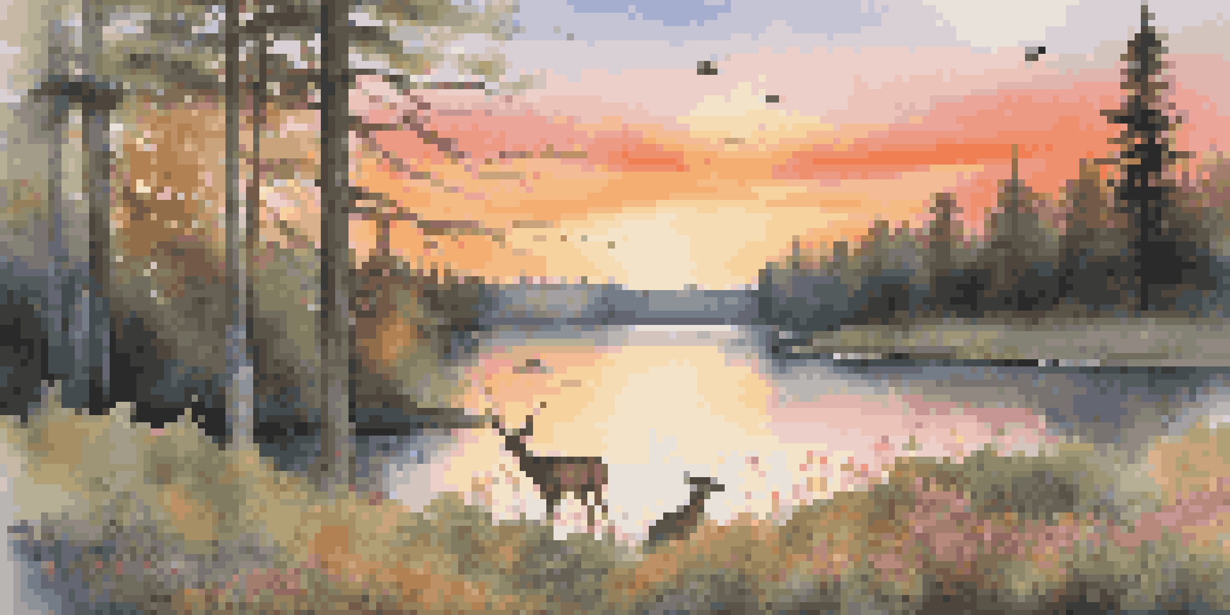 A tranquil sunset over a forest with deer and birds, reflecting on a calm lake, surrounded by trees and wildflowers.
