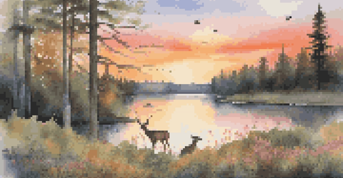 A tranquil sunset over a forest with deer and birds, reflecting on a calm lake, surrounded by trees and wildflowers.
