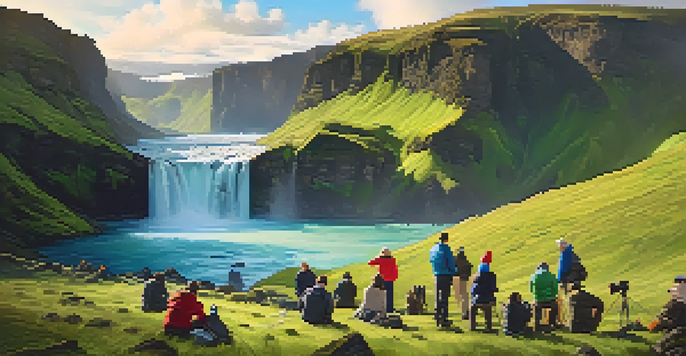 Participants in a photography workshop surrounded by Iceland's stunning glaciers and waterfalls, with soft golden sunlight illuminating the scene.