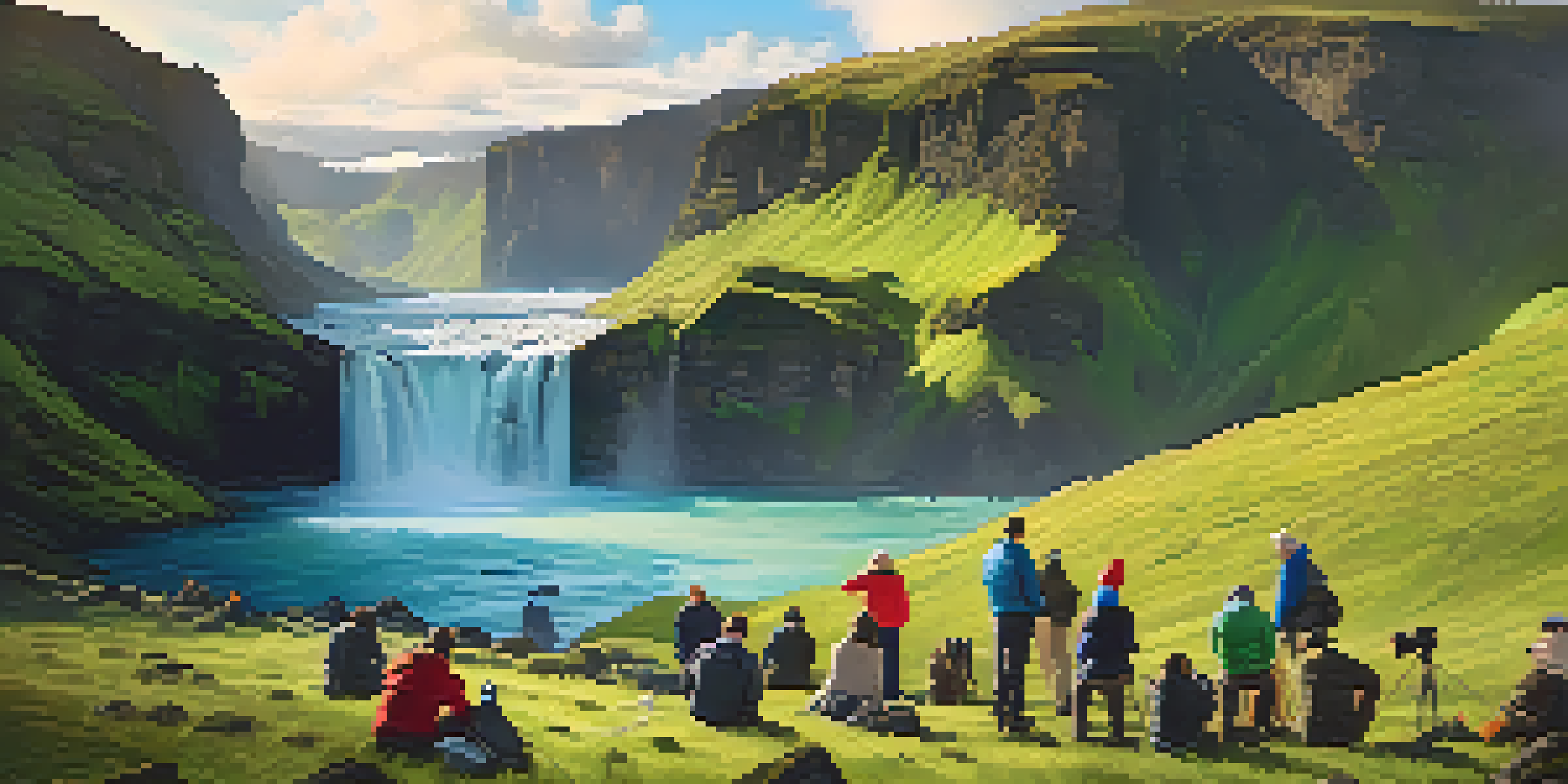 Participants in a photography workshop surrounded by Iceland's stunning glaciers and waterfalls, with soft golden sunlight illuminating the scene.