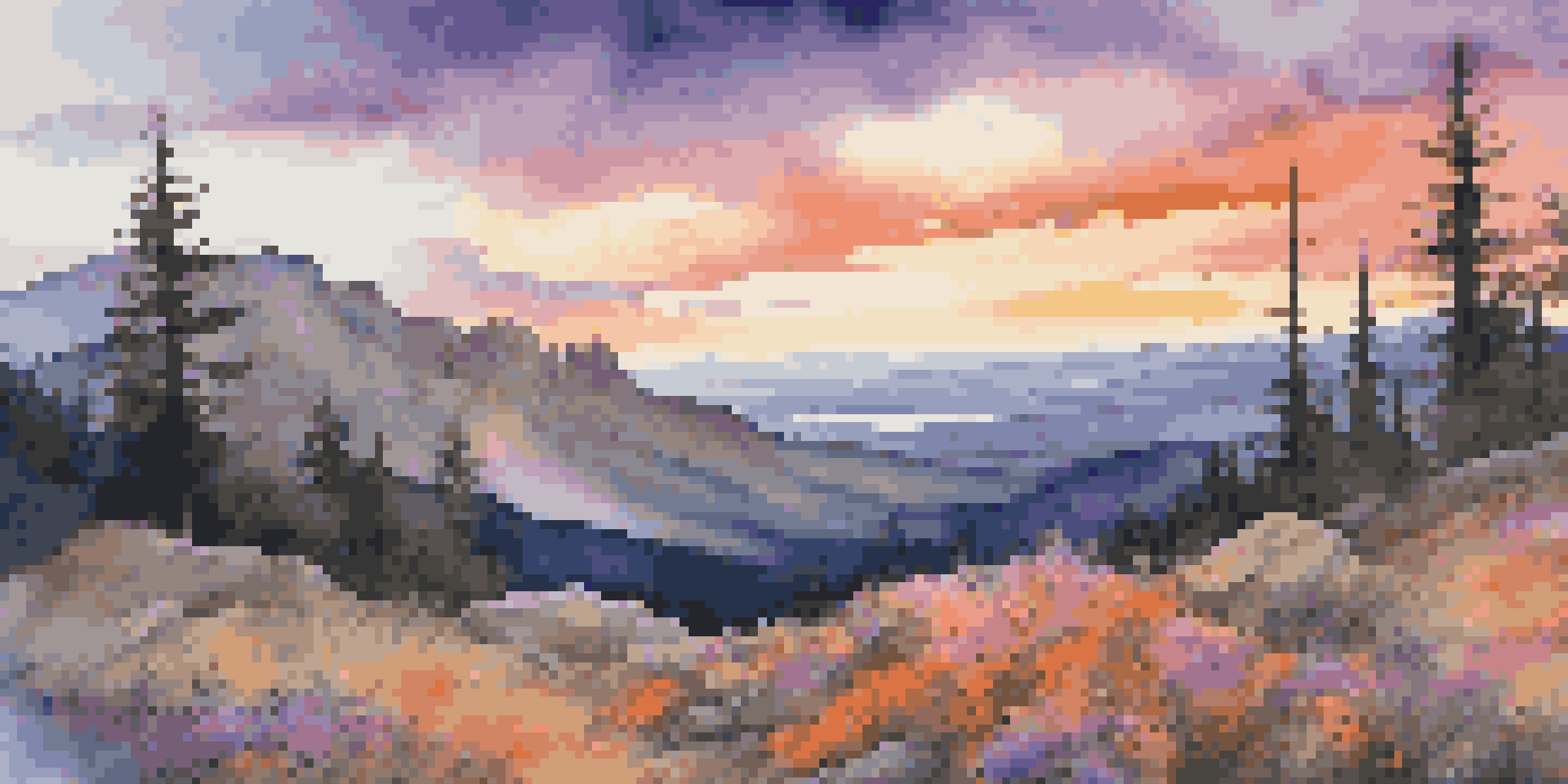 A panoramic sunset view from a mountaintop with colorful skies and rugged terrain filled with wildflowers.