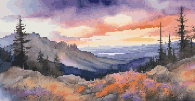 A panoramic sunset view from a mountaintop with colorful skies and rugged terrain filled with wildflowers.