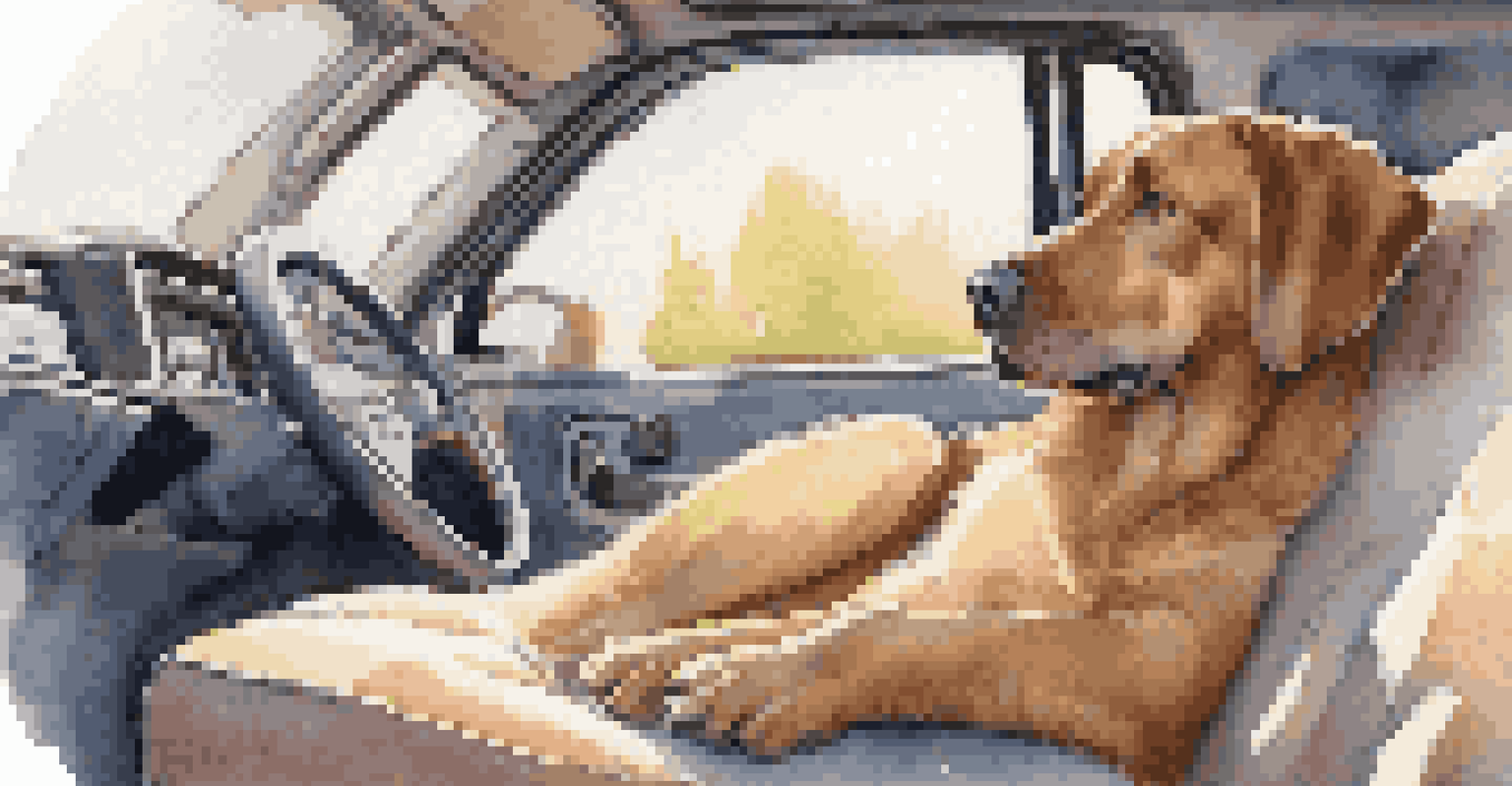 A dog resting comfortably in the backseat of a car with blankets and a toy, bathed in soft morning light.