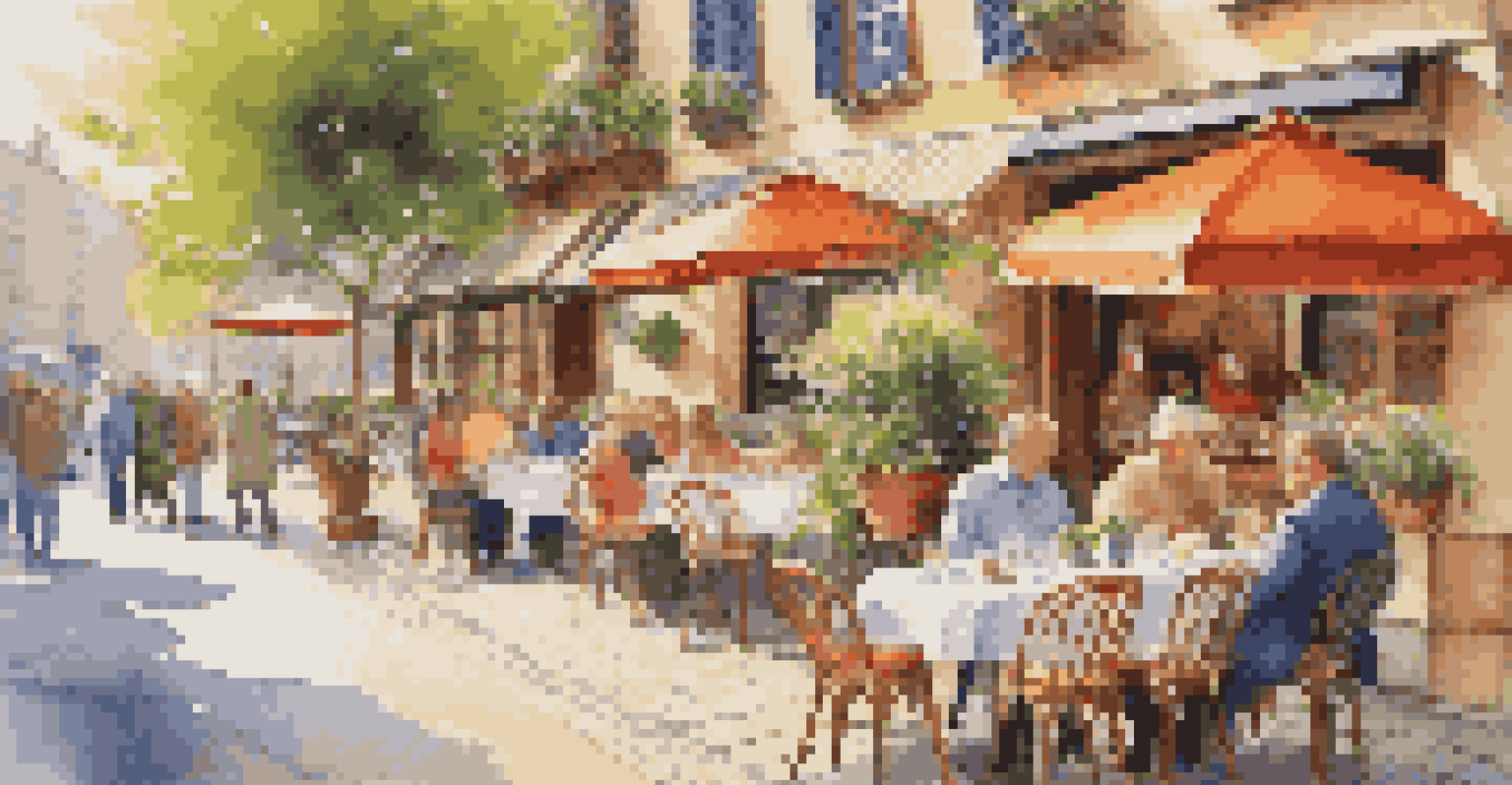 A charming café scene with outdoor tables, patrons, and plants in a sunlit street.
