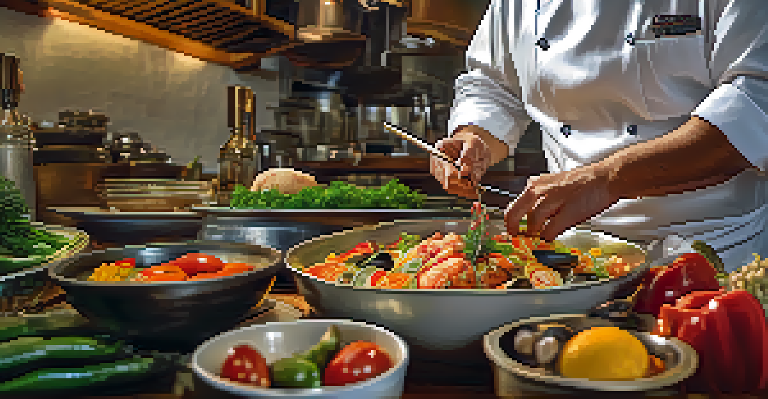 A chef preparing traditional tapas with fresh ingredients in a warmly lit kitchen.